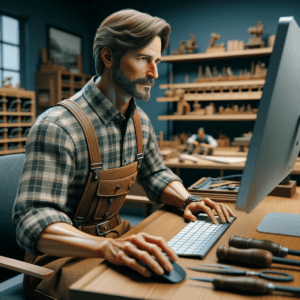 Handwerker bedient einene pc mit tooltime handwerkersoftware