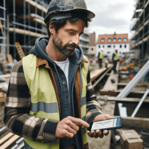 handwerker auf Baustelle mit bauzeitenplaner handwerkersoftware